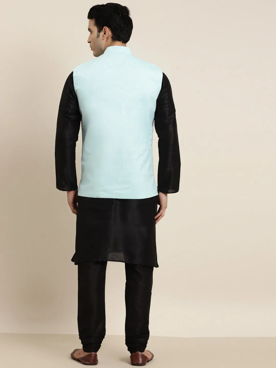 Men's Silk Blend Black Kurta Pyjama & Cotton Linen Sky Blue Solid Nehrujacket - Sojanya