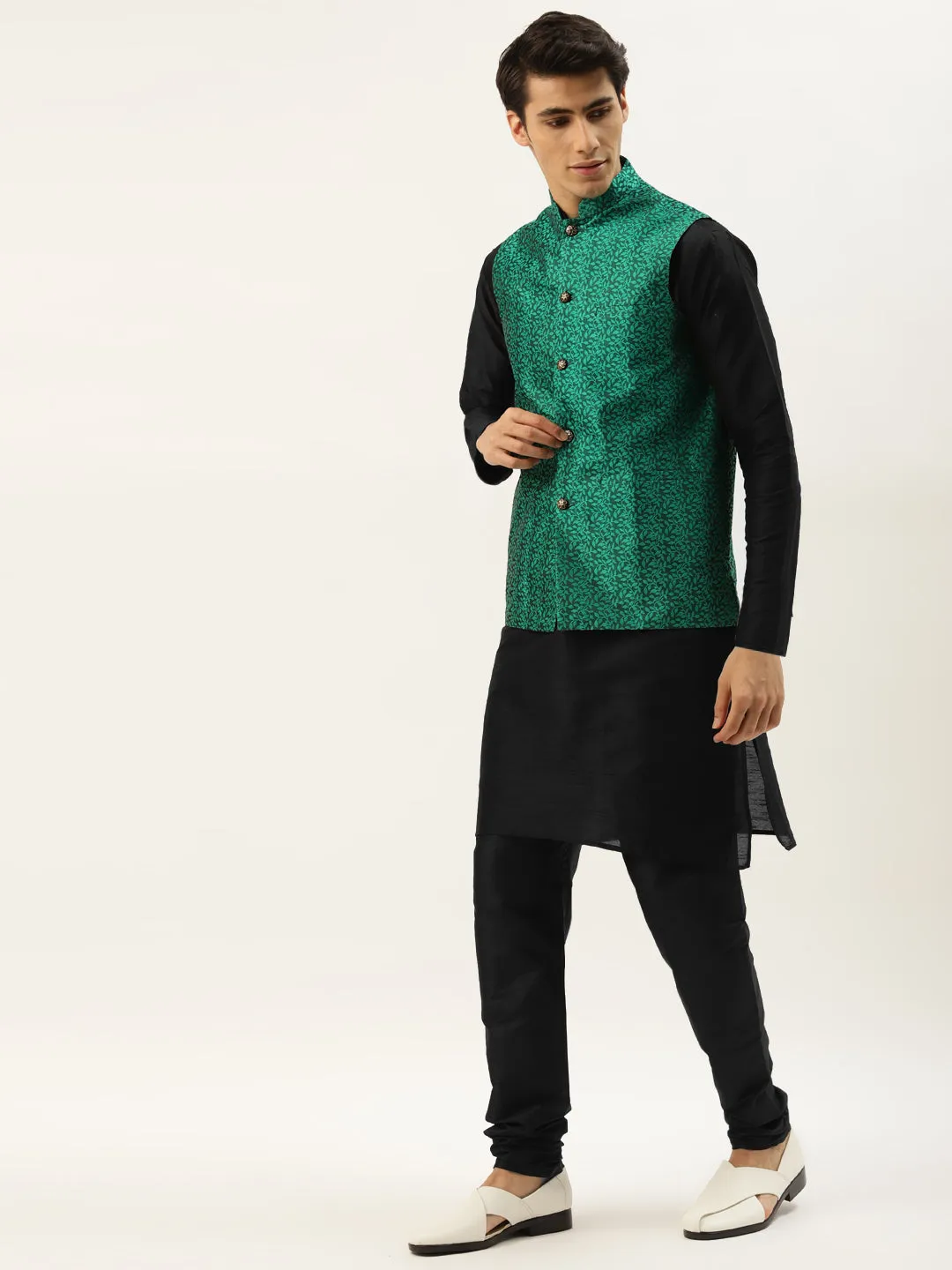 Men's Silk Blend Black Kurta Pyjama & Dark Green Nehrujacket Combo - Sojanya