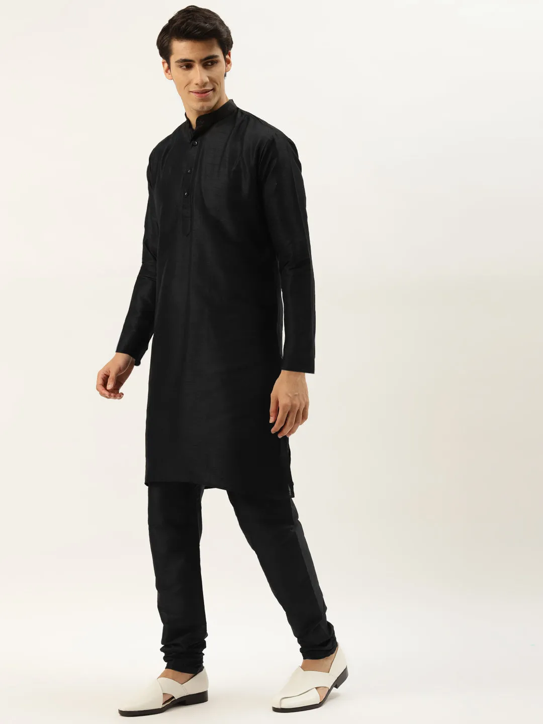 Men's Silk Blend Black Kurta Pyjama & Dark Green Nehrujacket Combo - Sojanya