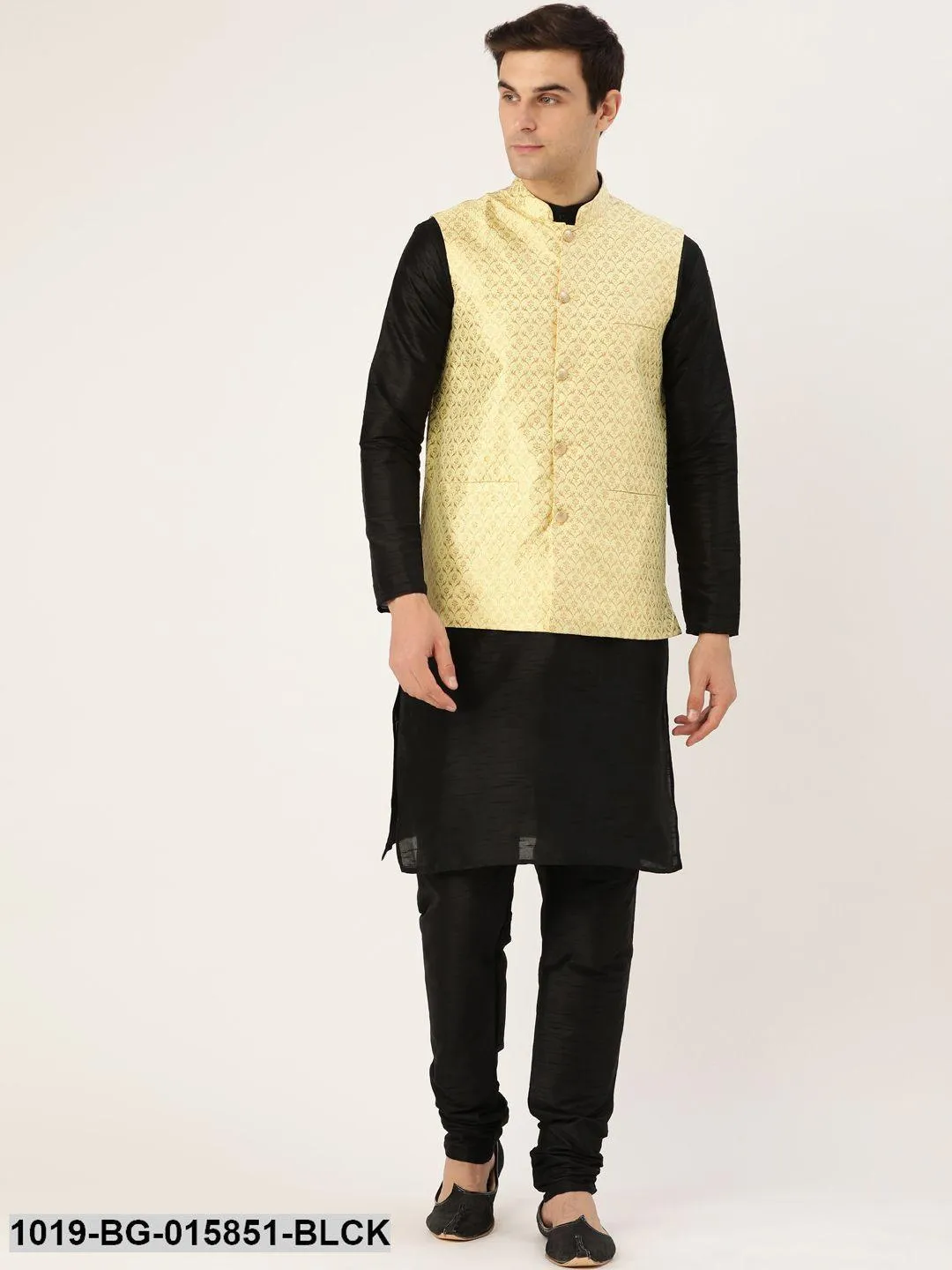 Men's Silk Blend Black Kurta Pyjama & Lime Green Nehru jacket Combo - Sojanya