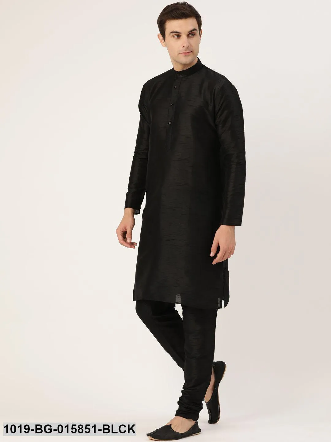 Men's Silk Blend Black Kurta Pyjama & Lime Green Nehru jacket Combo - Sojanya