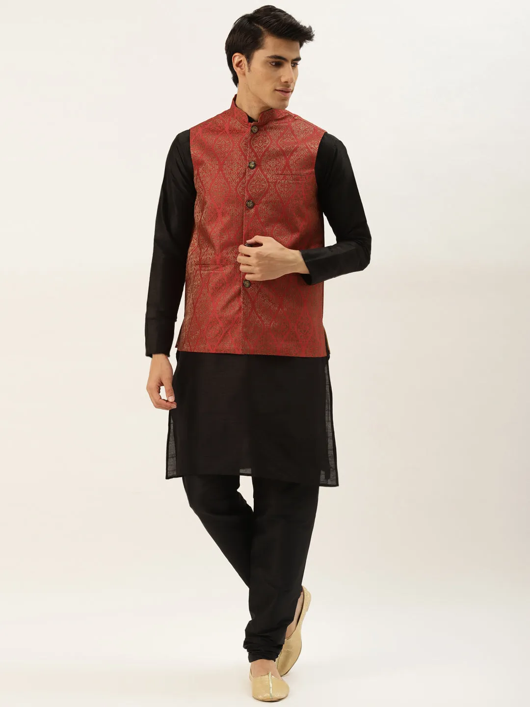 Men's Silk Blend Black Kurta Pyjama & Red Nehrujacket Combo - Sojanya