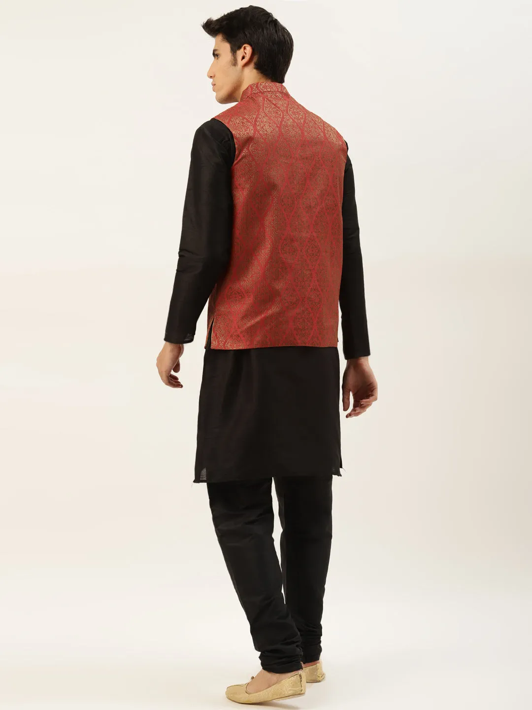 Men's Silk Blend Black Kurta Pyjama & Red Nehrujacket Combo - Sojanya