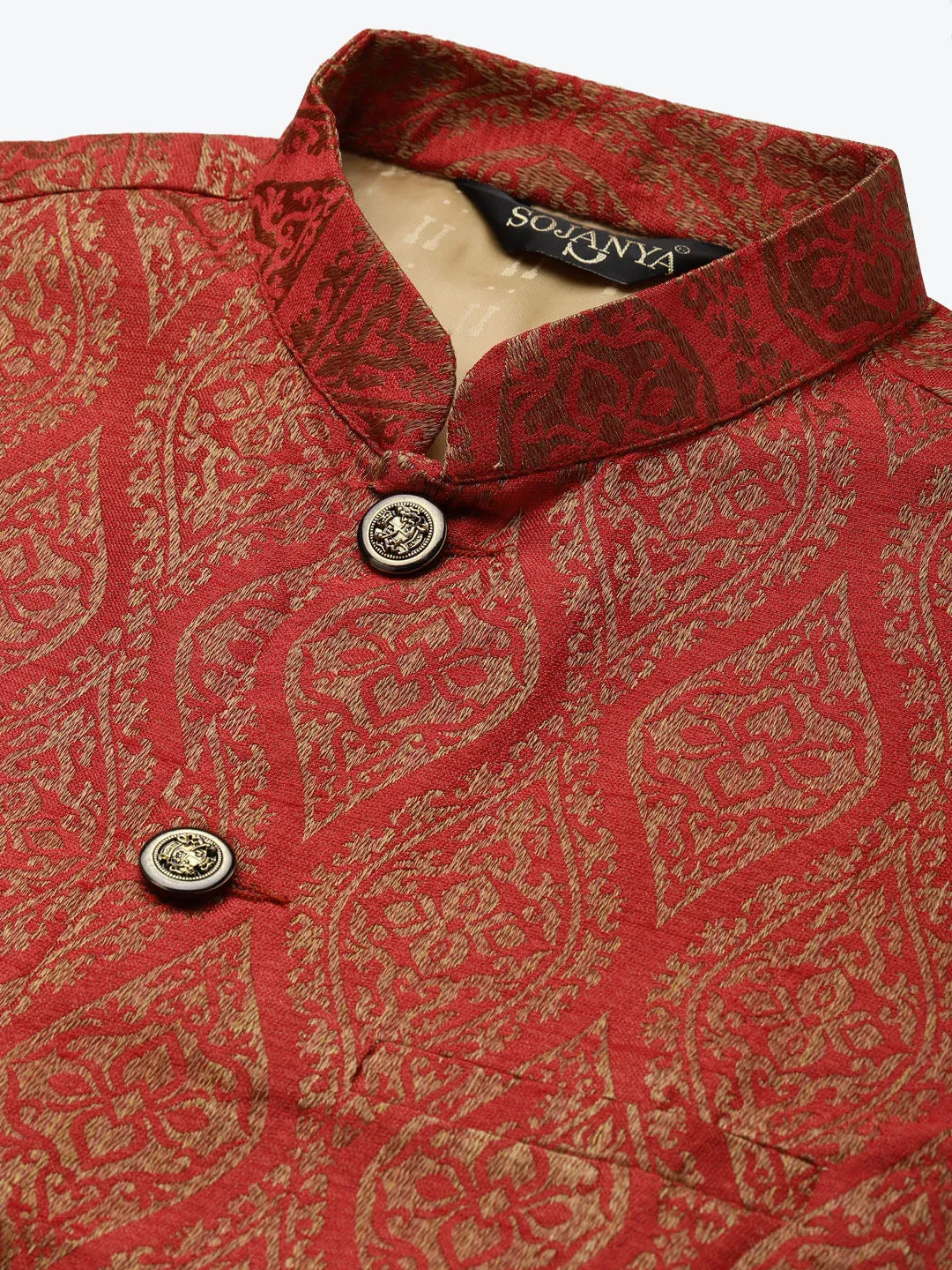 Men's Silk Blend Black Kurta Pyjama & Red Nehrujacket Combo - Sojanya