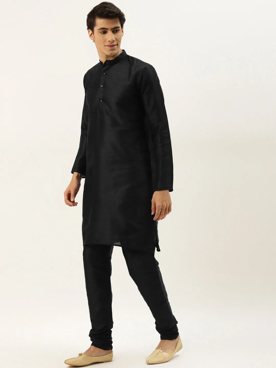 Men's Silk Blend Black Kurta Pyjama & Red Nehrujacket Combo - Sojanya