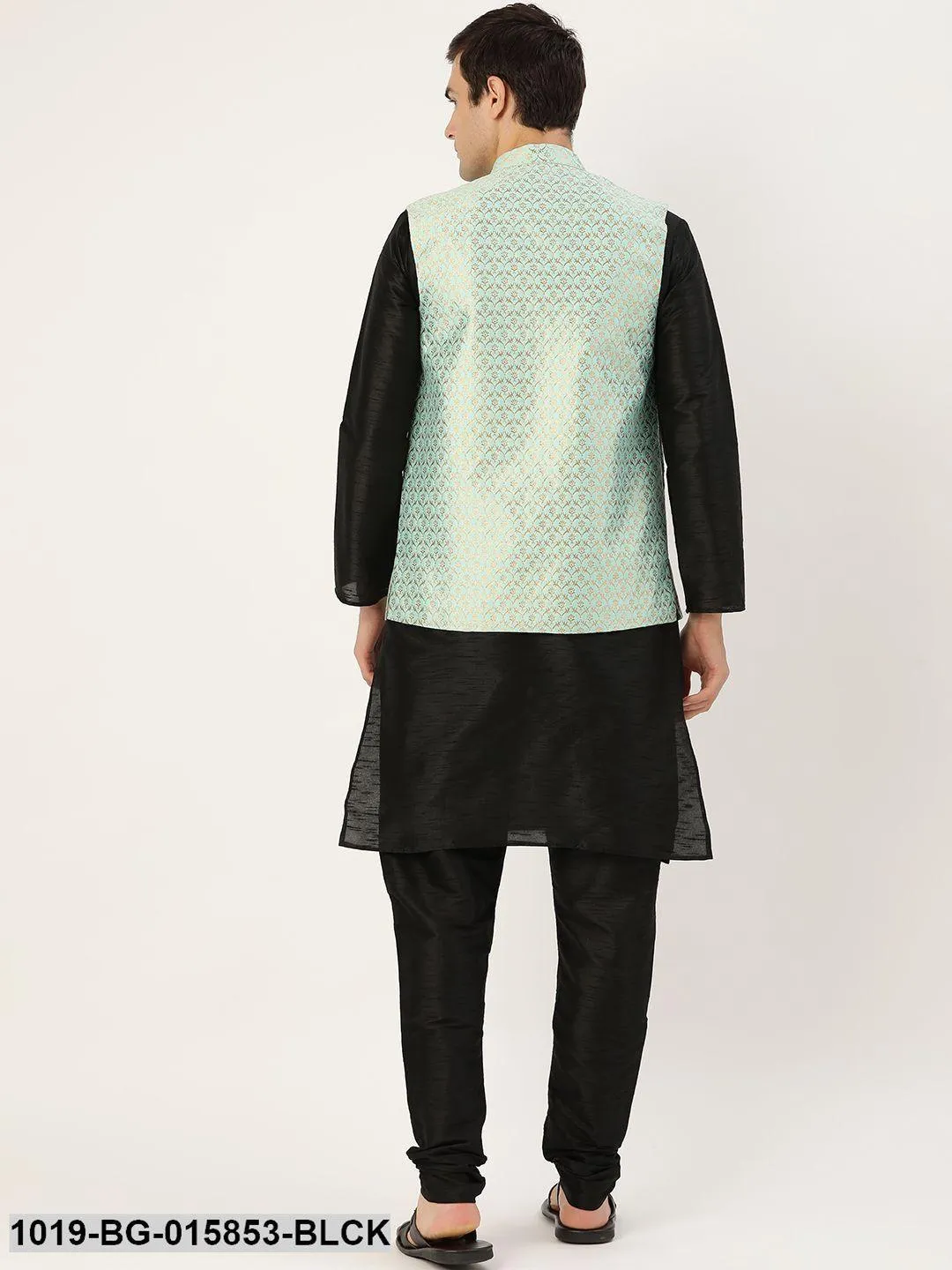 Men's Silk Blend Black Kurta Pyjama & Sea Green Nehru jacket Combo - Sojanya