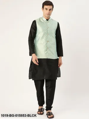 Men's Silk Blend Black Kurta Pyjama & Sea Green Nehru jacket Combo - Sojanya