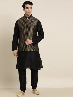 Men's Silk Blend Black Kurta Pyjama & Silk Blend Black Self Design Nehrujacket - Sojanya