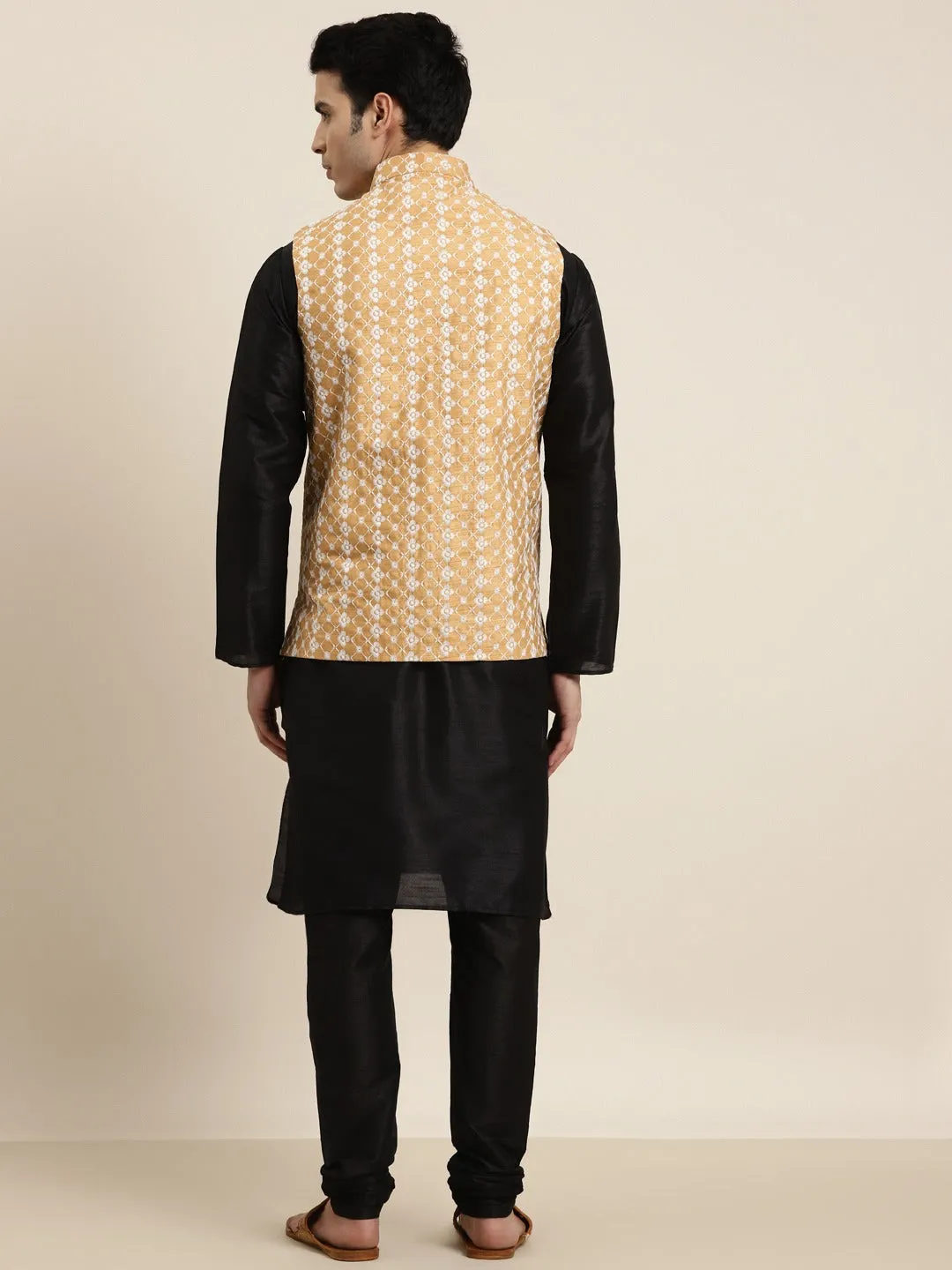 Men's Silk Blend Black Kurta Pyjama & Silk Blend Dark Gold Embroidered Nehrujacket - Sojanya