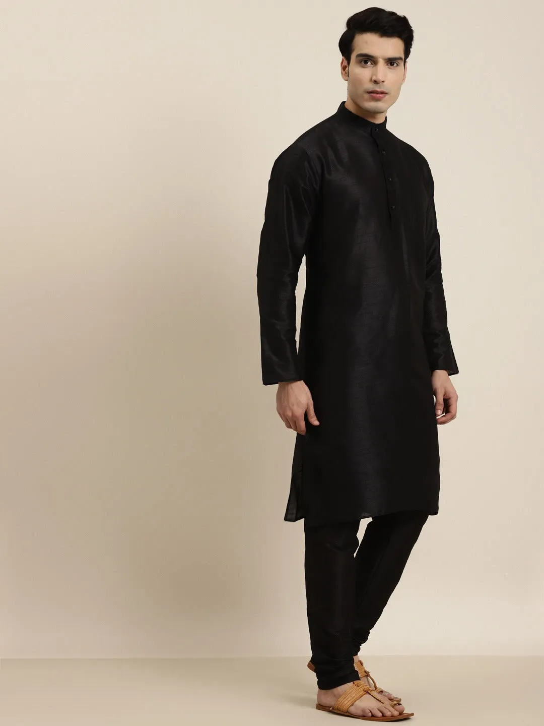 Men's Silk Blend Black Kurta Pyjama & Silk Blend Dark Gold Embroidered Nehrujacket - Sojanya