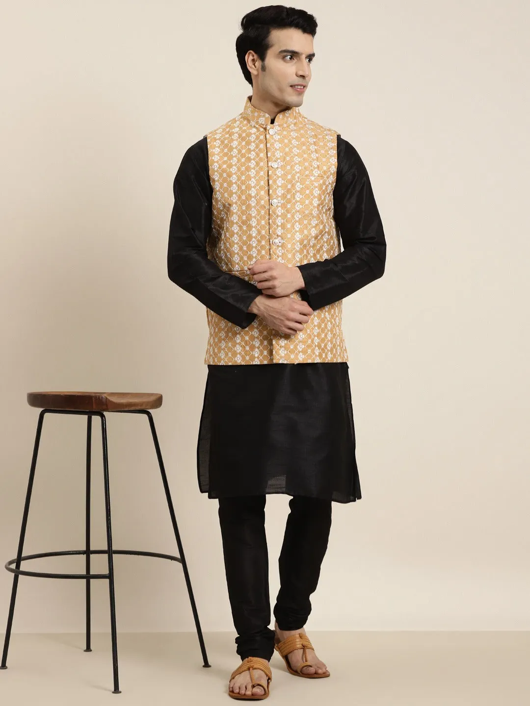 Men's Silk Blend Black Kurta Pyjama & Silk Blend Dark Gold Embroidered Nehrujacket - Sojanya