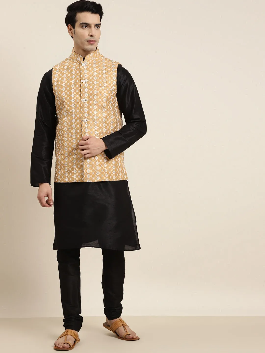 Men's Silk Blend Black Kurta Pyjama & Silk Blend Dark Gold Embroidered Nehrujacket - Sojanya