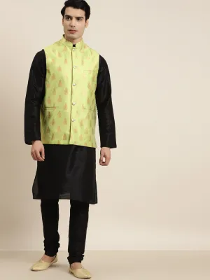 Men's Silk Blend Black Kurta Pyjama & Silk Blend Green Self Design Nehrujacket - Sojanya