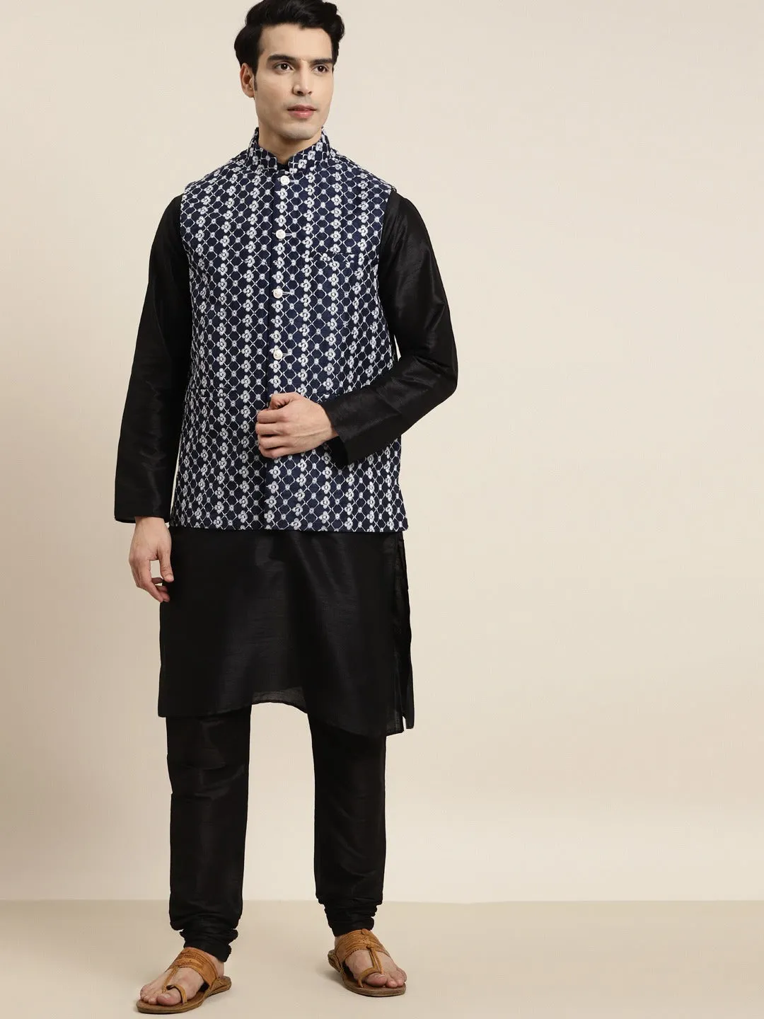 Men's Silk Blend Black Kurta Pyjama & Silk Blend Navy Blue Embroidered Nehrujacket - Sojanya