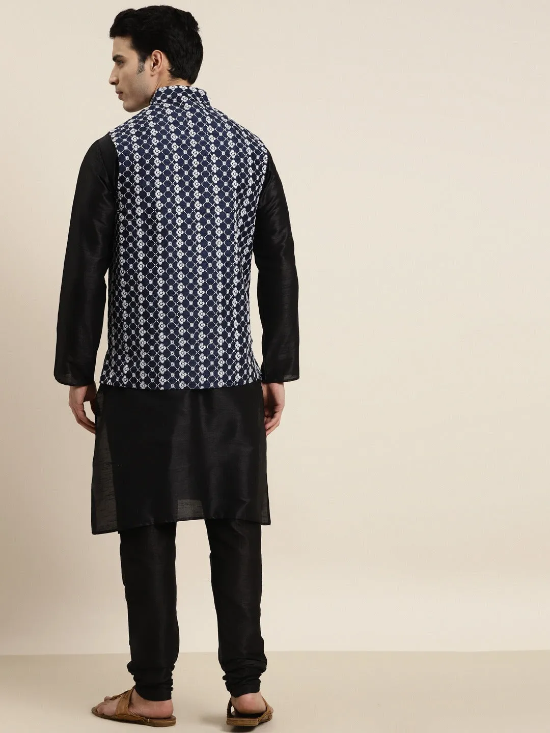 Men's Silk Blend Black Kurta Pyjama & Silk Blend Navy Blue Embroidered Nehrujacket - Sojanya