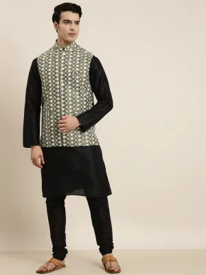 Men's Silk Blend Black Kurta Pyjama & Silk Blend Olive Embroidered Nehrujacket - Sojanya