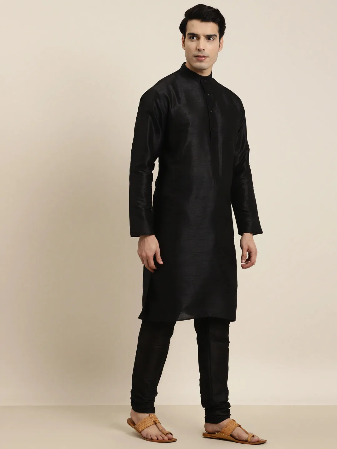 Men's Silk Blend Black Kurta Pyjama & Silk Blend Olive Embroidered Nehrujacket - Sojanya