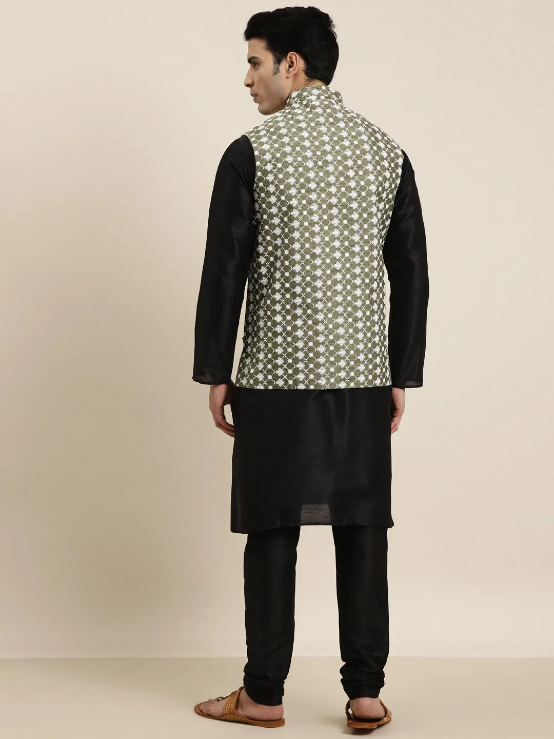 Men's Silk Blend Black Kurta Pyjama & Silk Blend Olive Embroidered Nehrujacket - Sojanya