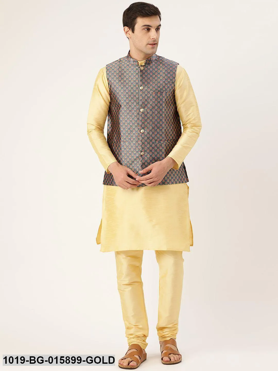 Men's Silk Blend Gold Kurta Pyjama & Charcoal Grey Nehru jacket Combo - Sojanya