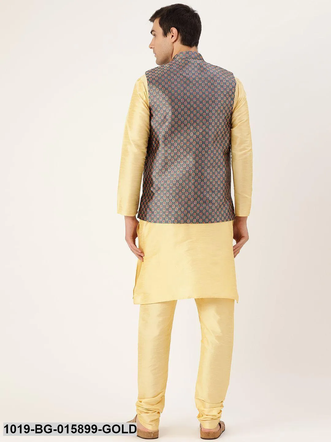 Men's Silk Blend Gold Kurta Pyjama & Charcoal Grey Nehru jacket Combo - Sojanya