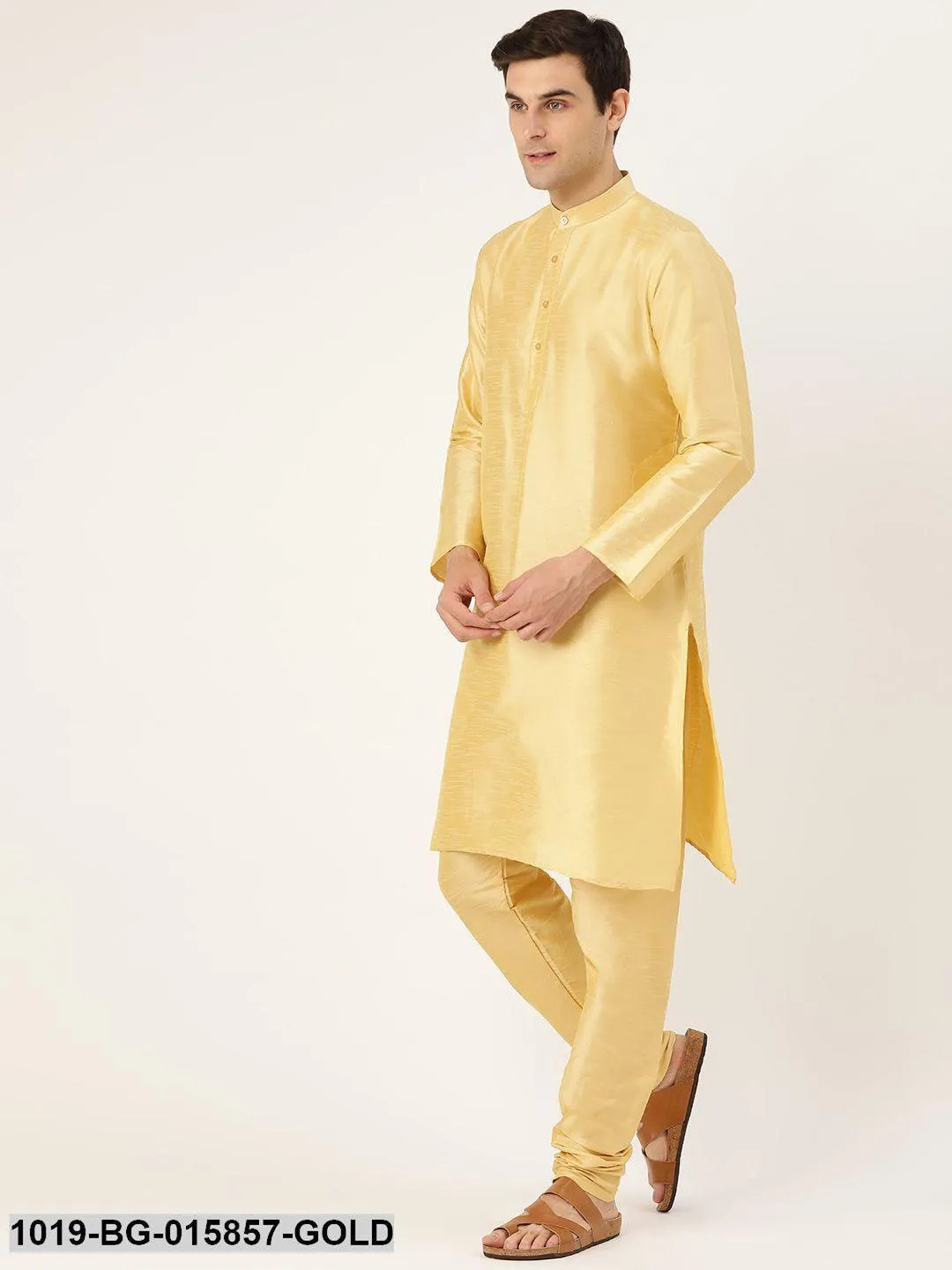 Men's Silk Blend Gold Kurta Pyjama & Lime Green Nehru jacket Combo - Sojanya