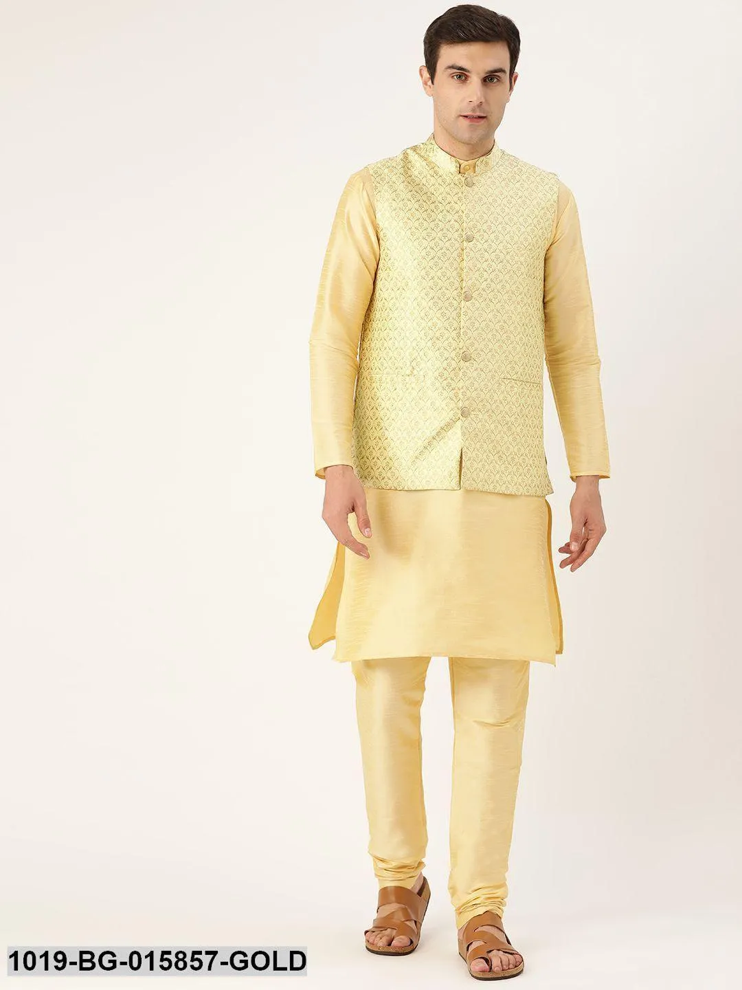 Men's Silk Blend Gold Kurta Pyjama & Lime Green Nehru jacket Combo - Sojanya