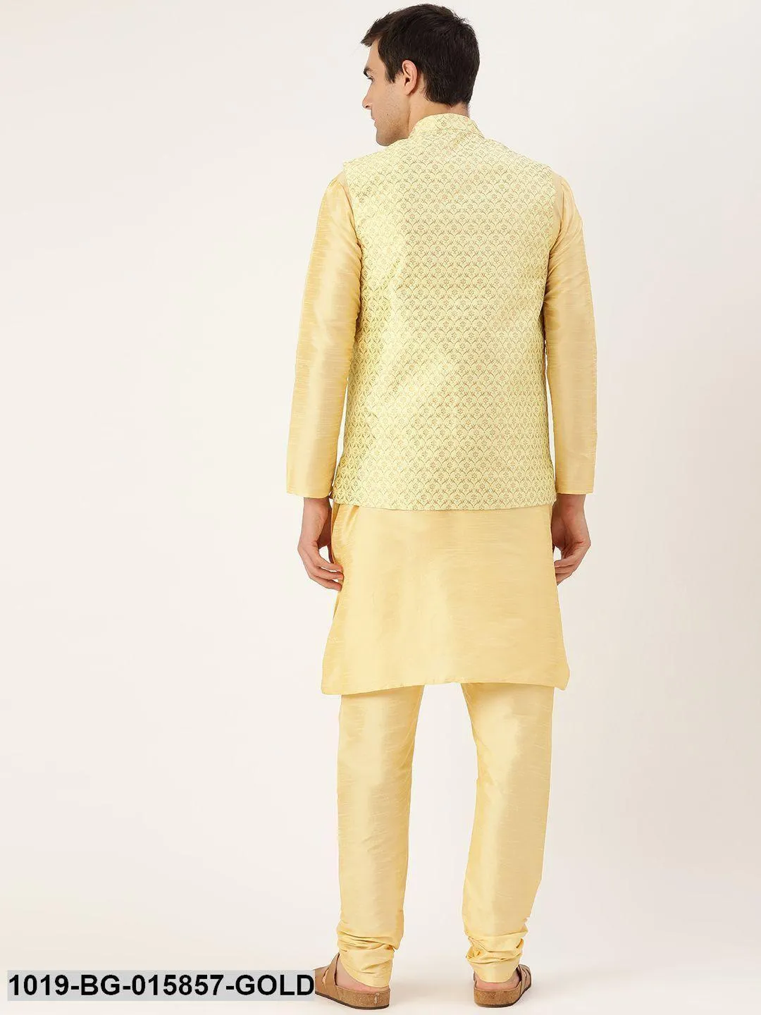 Men's Silk Blend Gold Kurta Pyjama & Lime Green Nehru jacket Combo - Sojanya