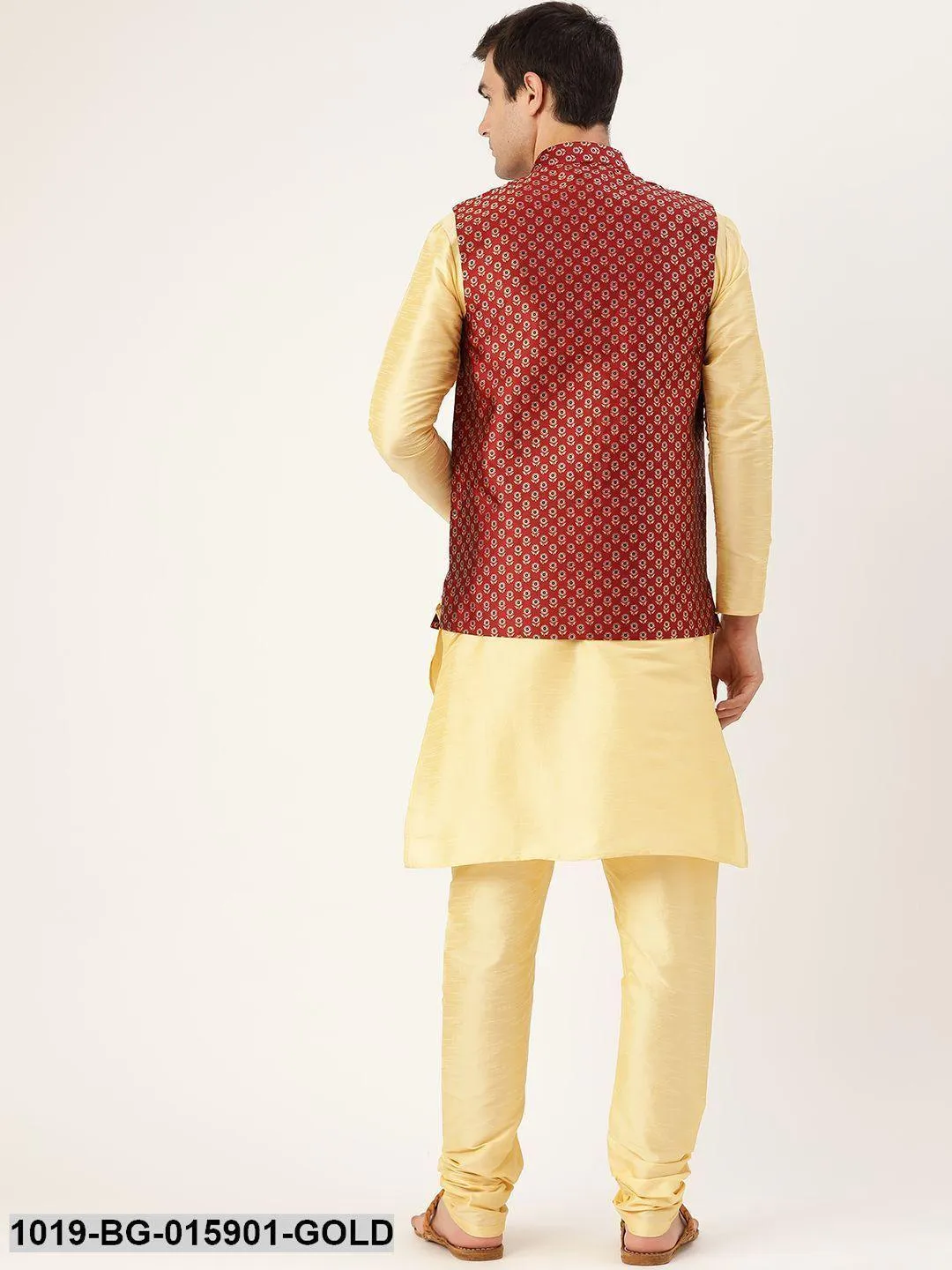 Men's Silk Blend Gold Kurta Pyjama & Maroon Nehru jacket Combo - Sojanya