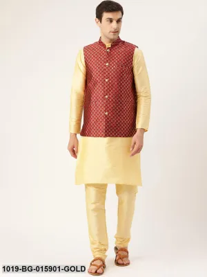 Men's Silk Blend Gold Kurta Pyjama & Maroon Nehru jacket Combo - Sojanya