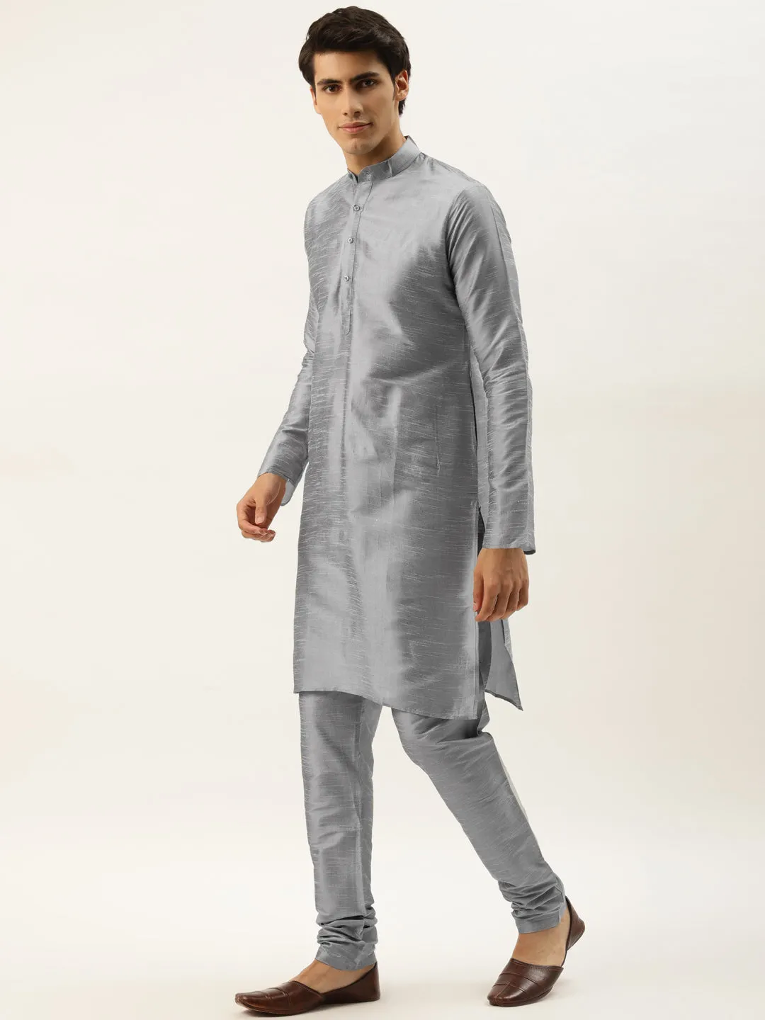 Men's Silk Blend Grey Kurta Pyjama & Pink Nehrujacket Combo - Sojanya