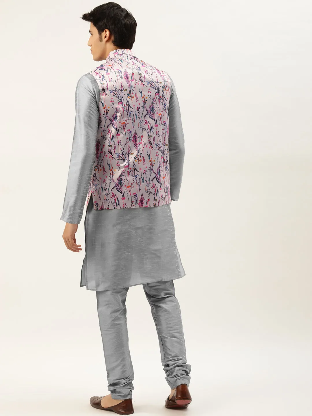 Men's Silk Blend Grey Kurta Pyjama & Pink Nehrujacket Combo - Sojanya