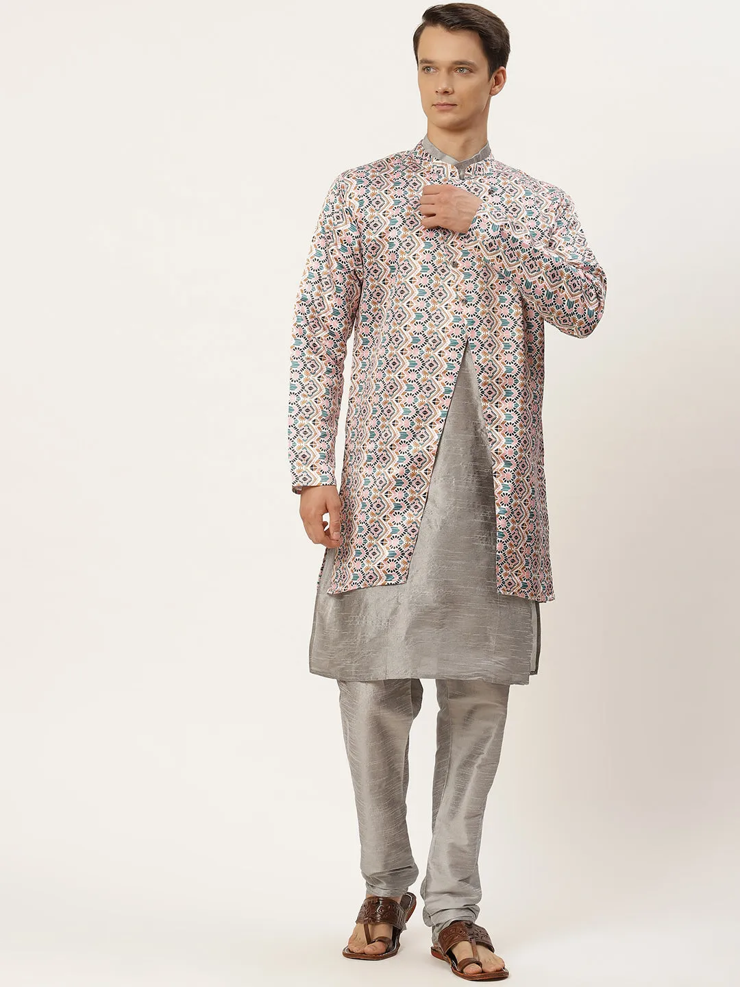 Men's Silk Blend Grey Kurta Pyjama & White Jacket Combo - Sojanya