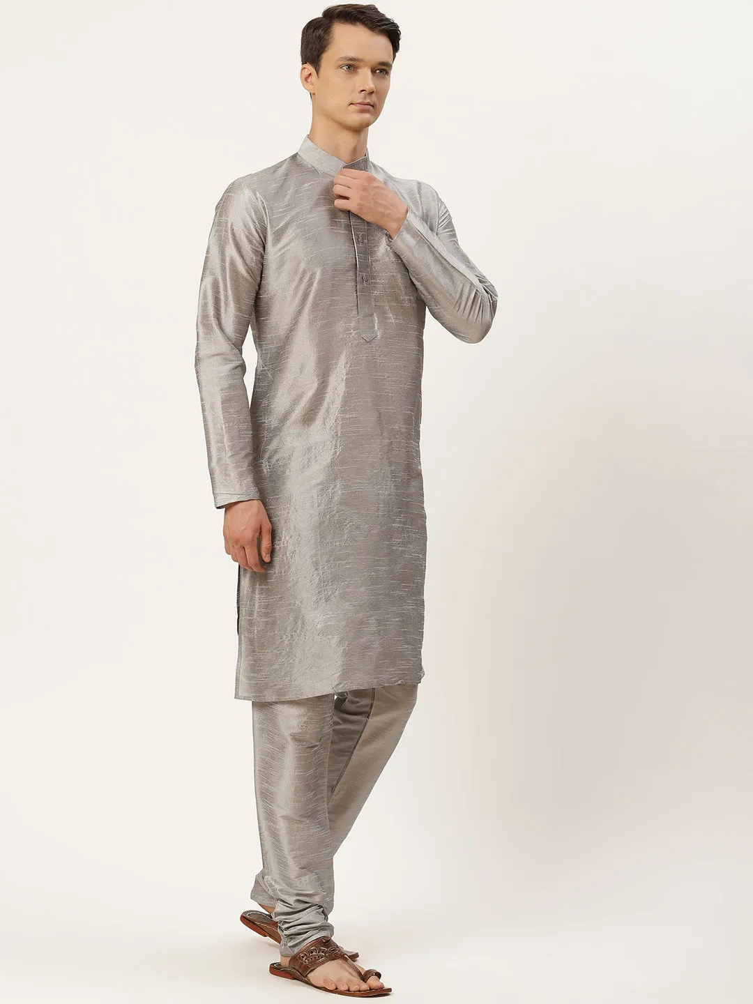 Men's Silk Blend Grey Kurta Pyjama & White Jacket Combo - Sojanya