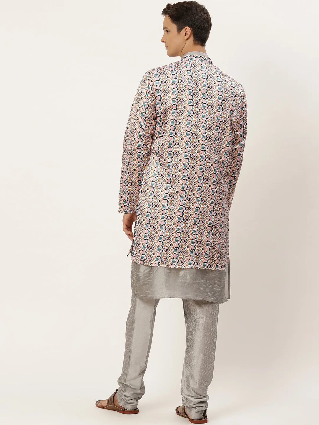 Men's Silk Blend Grey Kurta Pyjama & White Jacket Combo - Sojanya