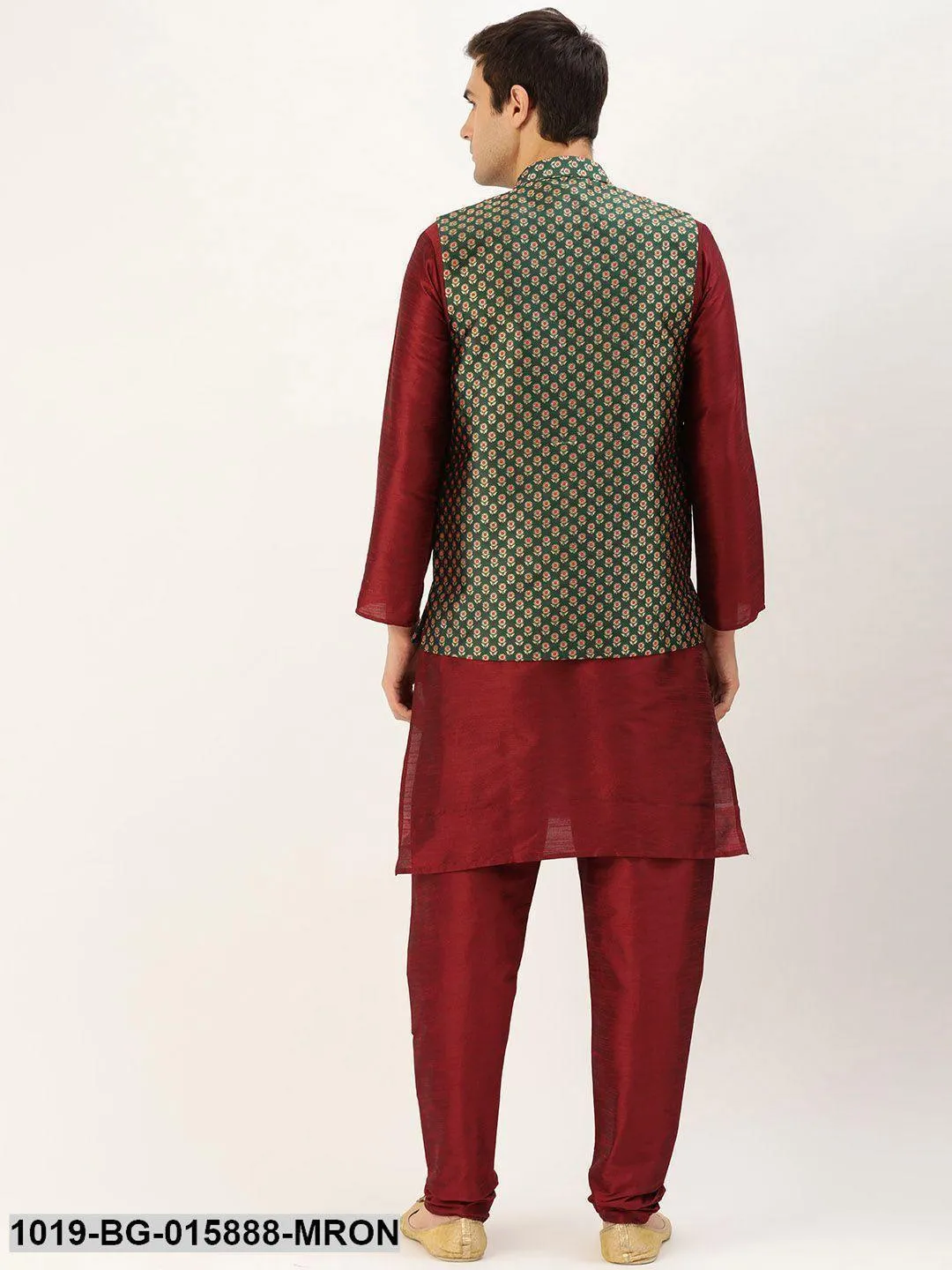 Men's Silk Blend Maroon Kurta Pyjama & Dark Green Nehru jacket Combo - Sojanya