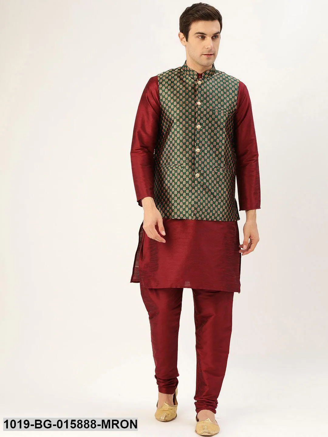 Men's Silk Blend Maroon Kurta Pyjama & Dark Green Nehru jacket Combo - Sojanya