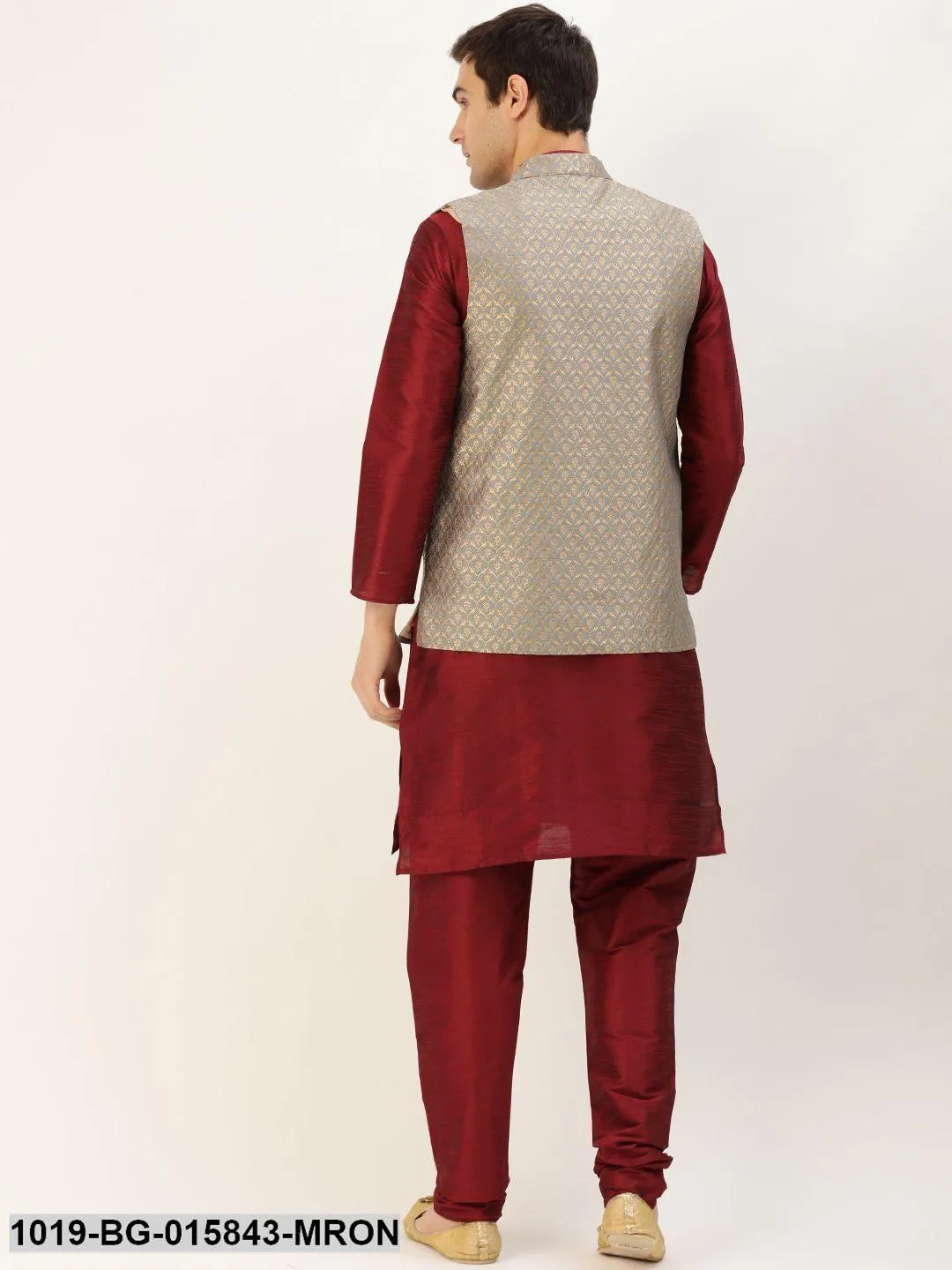 Men's Silk Blend Maroon Kurta Pyjama & Grey Nehru jacket Combo - Sojanya