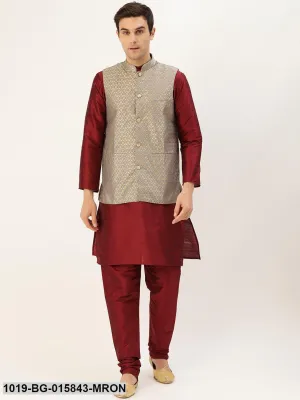 Men's Silk Blend Maroon Kurta Pyjama & Grey Nehru jacket Combo - Sojanya