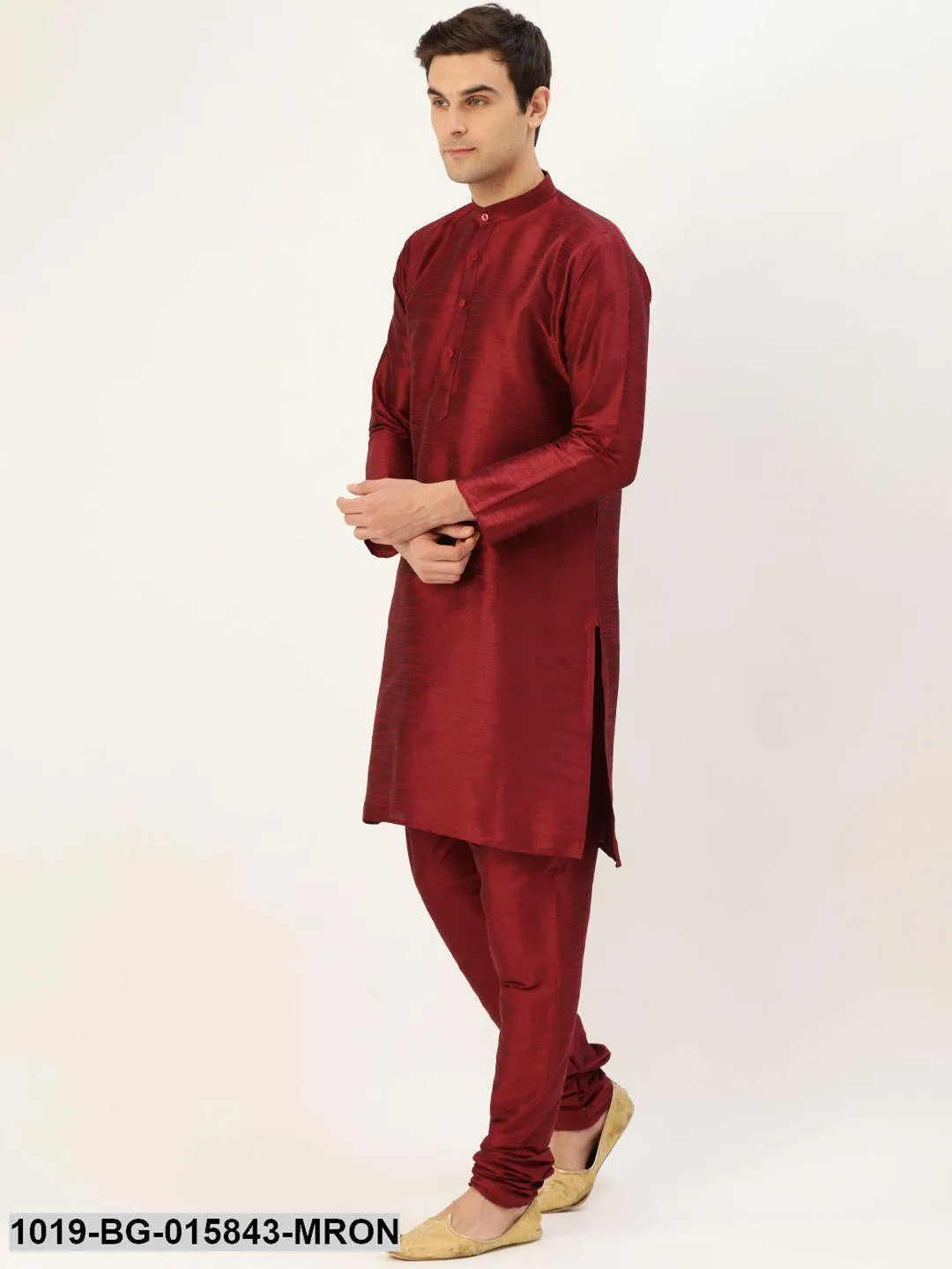 Men's Silk Blend Maroon Kurta Pyjama & Grey Nehru jacket Combo - Sojanya