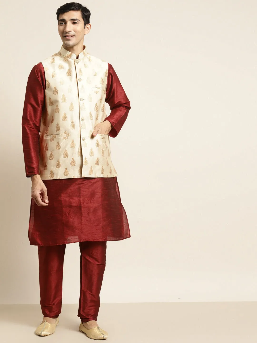 Men's Silk Blend Maroon Kurta Pyjama & Silk Blend Beige Self Design Nehrujacket - Sojanya