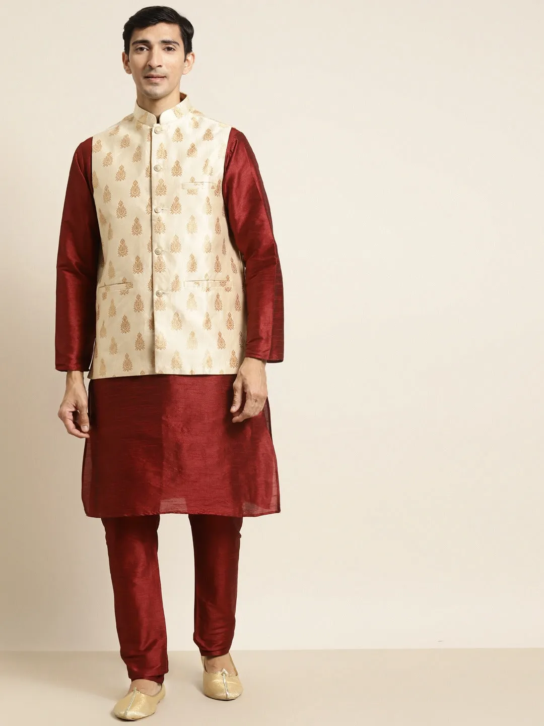 Men's Silk Blend Maroon Kurta Pyjama & Silk Blend Beige Self Design Nehrujacket - Sojanya