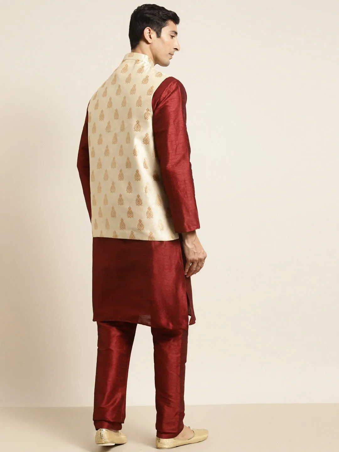 Men's Silk Blend Maroon Kurta Pyjama & Silk Blend Beige Self Design Nehrujacket - Sojanya