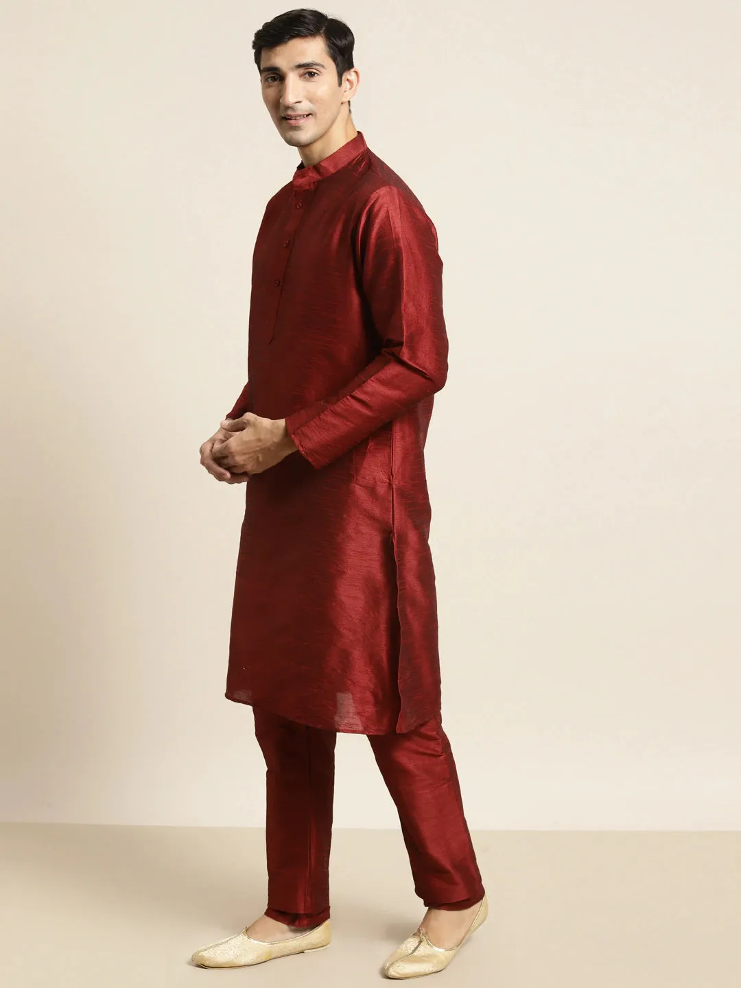 Men's Silk Blend Maroon Kurta Pyjama & Silk Blend Beige Self Design Nehrujacket - Sojanya