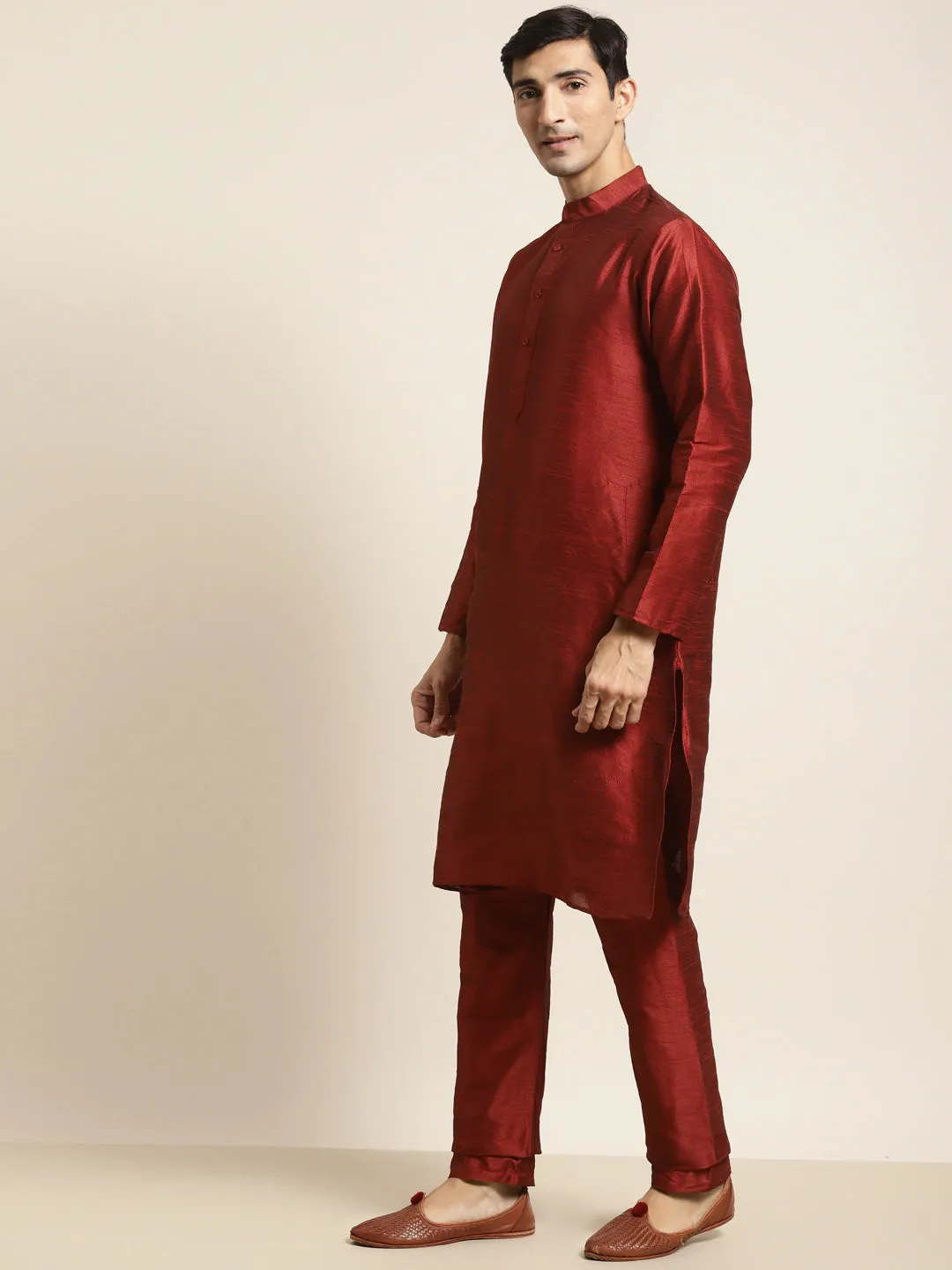 Men's Silk Blend Maroon Kurta Pyjama & Silk Blend Multi Printed Nehrujacket - Sojanya