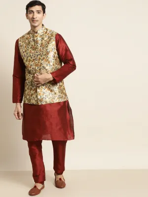 Men's Silk Blend Maroon Kurta Pyjama & Silk Blend Multi Printed Nehrujacket - Sojanya