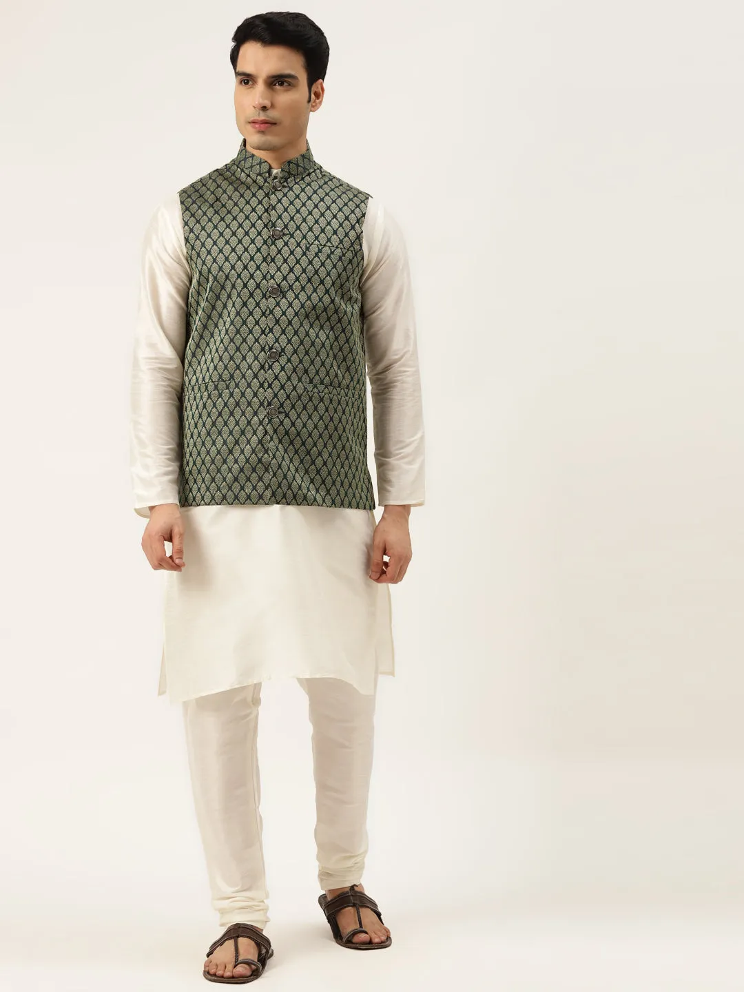 Men's Silk Blend Off White Kurta Pyjama & Dark Green Nehrujacket Combo - Sojanya