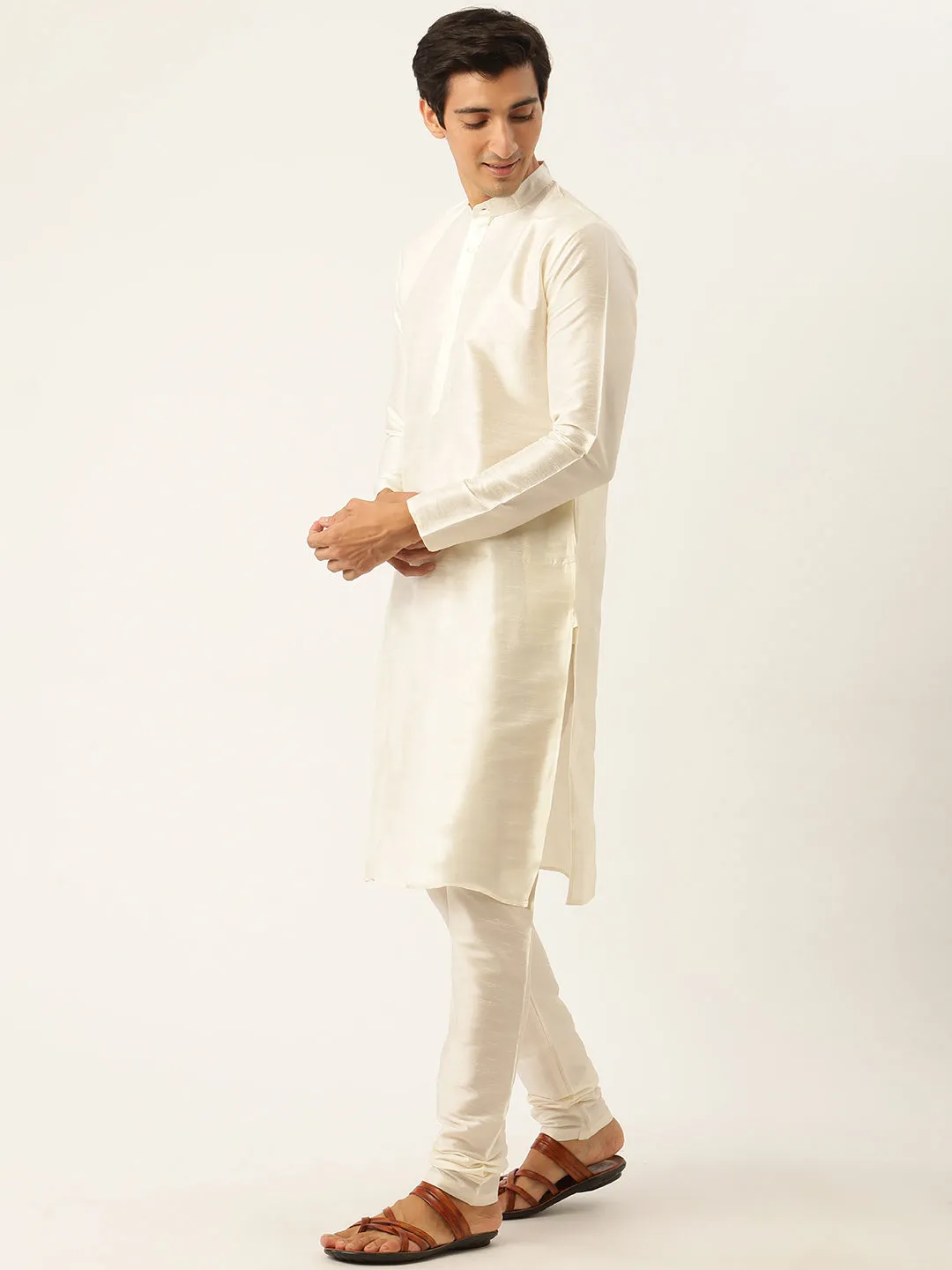 Men's Silk Blend Off White Kurta Pyjama & Grey Nehrujacket Combo - Sojanya