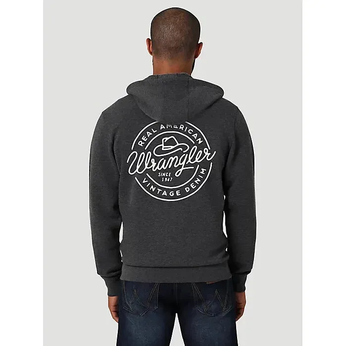 MEN'S WRANGLER VINTAGE LOGO FULL ZIP HOODIE IN CAVIAR HEATHER