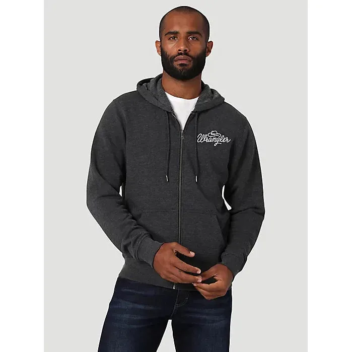 MEN'S WRANGLER VINTAGE LOGO FULL ZIP HOODIE IN CAVIAR HEATHER