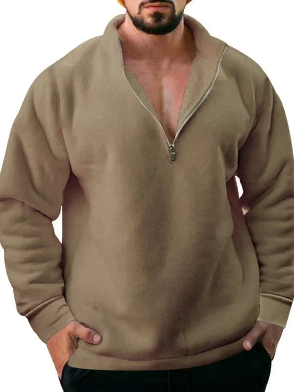 New men's fleece stand collar loose casual half zipper solid color hoodie